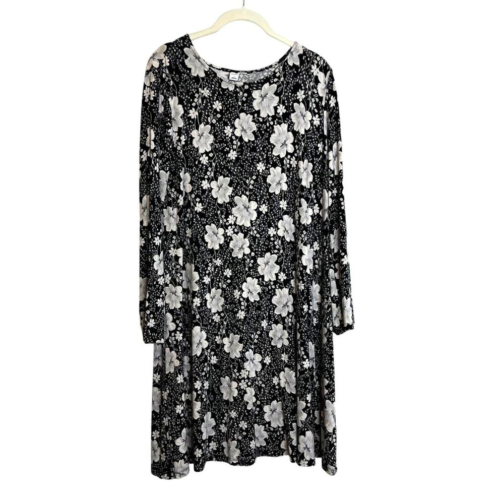 Old Navy Womens Flared Dress Large Black White Floral Stretchy Knit Long Sleeve